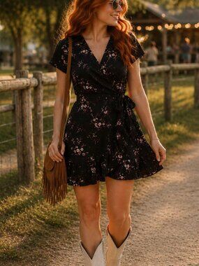 Black Floral Wrap Midi Dress